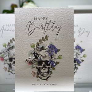 Happy Birthday Skull Card, Personalised Skull, Flowers, Butterflies, Birthday Card, Keepsake Card, Luxury Birthday Card 2024