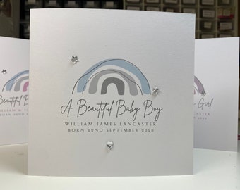 Personalised New Baby Boy Card, New Parents Card, New Baby Card, Blue & Grey Rainbow Card With Star Gems, Rainbow Baby Card