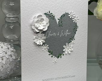 Personalised Wedding Card, Simple Wedding Card, Personalised Wedding Card, Delicate Paper Flowers, Heart Wedding Card, Keepsake Card, 3d