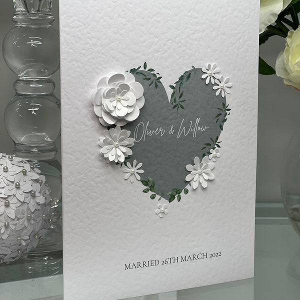 Personalised Wedding Card, Simple Wedding Card, Personalised Wedding Card, Delicate Paper Flowers, Heart Wedding Card, Keepsake Card, 3d