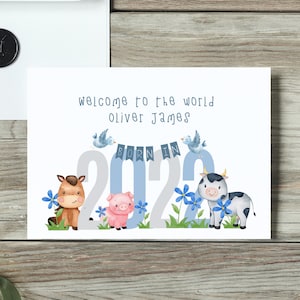 Gepersonaliseerde nieuwe babyjongenkaart, nieuwe ouderkaart, nieuwe babykaart, geboortekaart, babykaart, felicitatiekaart, boerderijdieren, babydieren
