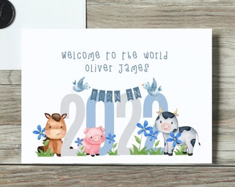 Personalised New Baby Boy Card, New Parents Card, New Baby Card, Birth Card, Baby Card, Congratulations Card, Farm Animals, Baby Animals