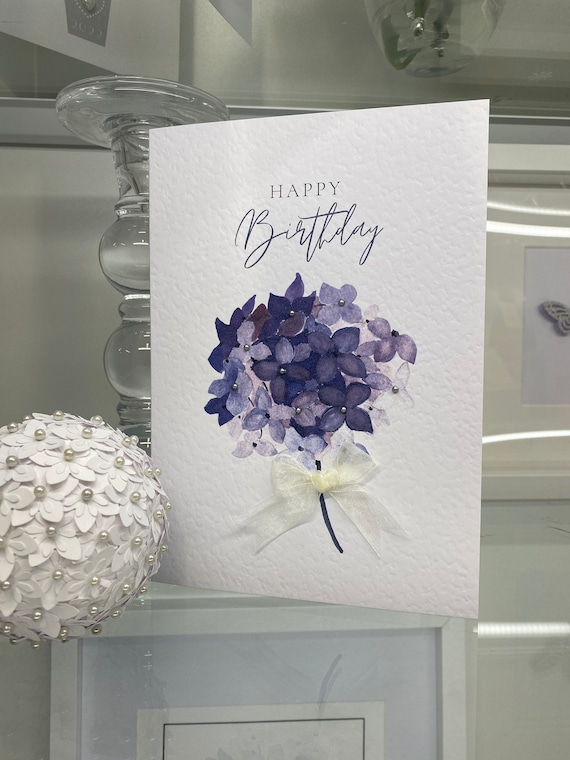 Luxury Card, Birthday Watercolour Hydrangea Card, Happy Birthday Card, Pink Floral Card, Keepsake Card, Female Card,Hand Decorated,