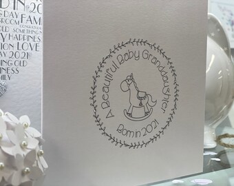 New Baby Granddaughter Grandson Card, New Grandparents Card, New Baby Card, Rocking Horse, Personalised With Date , New Grandma New Grandad