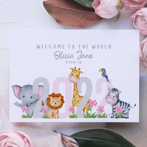 Gepersonaliseerde nieuwe baby meisje kaart, nieuwe ouders kaart, nieuwe babykaart, geboortekaart, safari dieren, baby jungle dieren, safari, olifant, leeuw