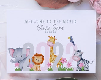 Personalised New Baby Girl Card, New Parents Card, New Baby Card, Birth Card, Safari Animals, Baby Jungle Animals, Safari, Elephant, Lion