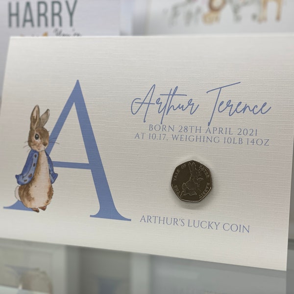 Personalised New Baby Boy Card, New Parents Card, New Baby Card, Birth details, Peter Rabbit Collectors 50 pence, New Baby Lucky Coin, 50p