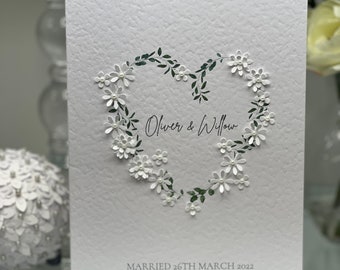 Gepersonaliseerde trouwkaart, eenvoudige trouwkaart, gepersonaliseerde trouwkaart, fijne papieren bloemen, bloemen trouwkaart, aandenken kaart, 3D