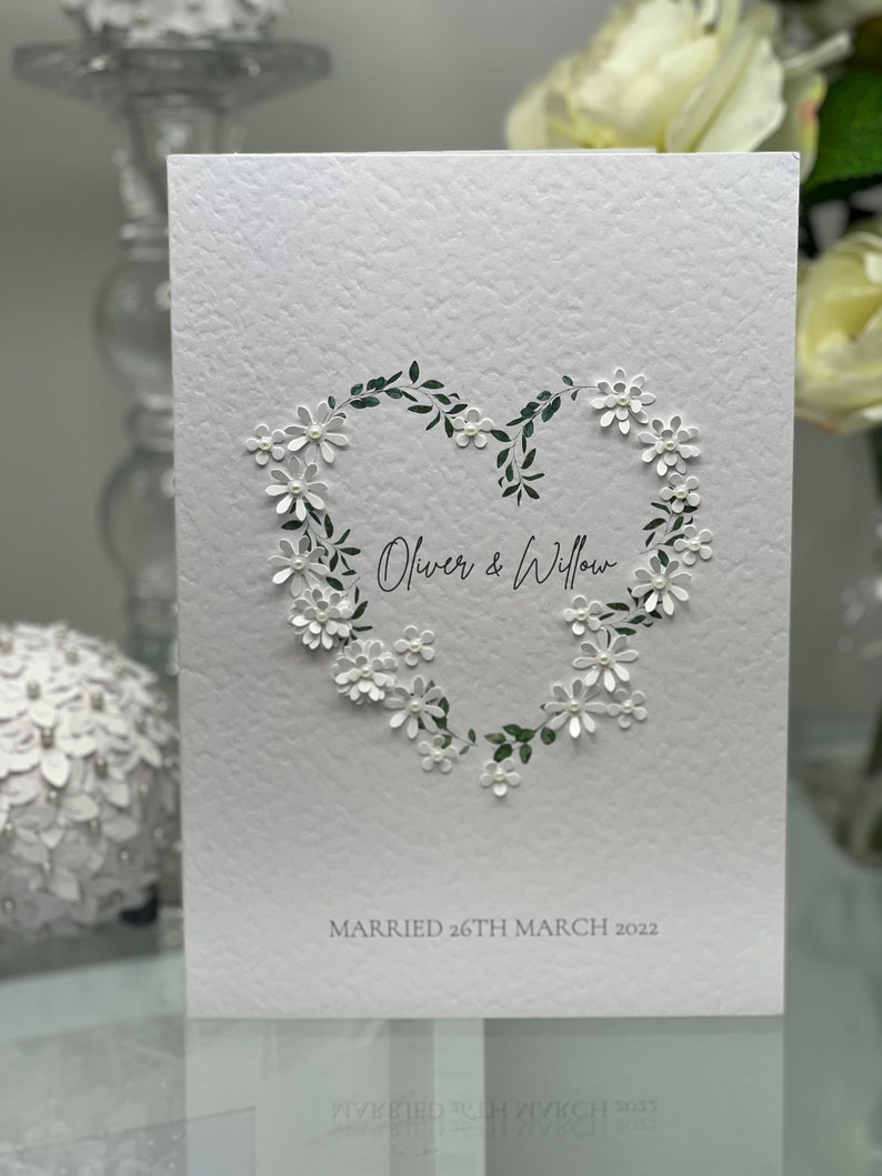 Carte de mariage personnalisée, carte de mariage simple, carte de mariage personnalisée, fleurs en papier délicat, carte de mariage floral, carte souvenir, 3d image 1