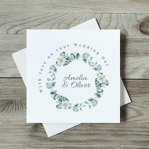 Cartão de casamento personalizado, cartão de casamento de eucalipto, cartão de casamento, cartão de casamento nomeado, cartão de noiva e noivo, casamento de amigos, flores creme