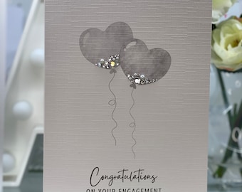 Handmade Engagement card, two balloons decorated with tiny gems and pearls, a beautiful keepsake card, printed on 300gsm linen card
