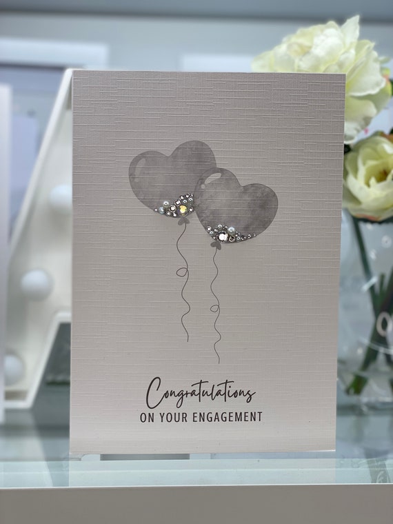Handmade Engagement card, two balloons decorated with tiny gems and pearls, a beautiful keepsake card, printed on 300gsm linen card