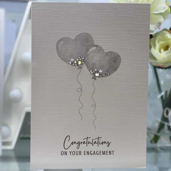 Handmade Engagement card, two balloons decorated with tiny gems and pearls, a beautiful keepsake card, printed on 300gsm linen card