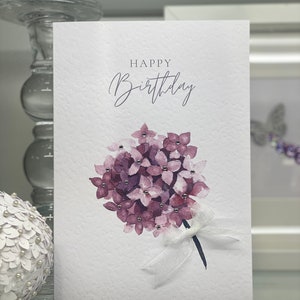 Luxe kaart, aquarel hortensia verjaardagskaart, gelukkige verjaardagskaart, roze bloemen kaart, aandenken kaart, kaart vrouw, hand gedecoreerd,
