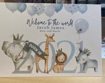 Personalised New Baby Boy Card, 2025, New Parents Card, New Baby Card, Birth details, Decorated with gems, Safari, Elephant, Lion, Giraffe,