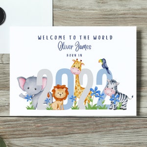 2024 Tarjeta personalizada de nuevo bebé, tarjeta de nuevos padres, nueva tarjeta de bebé, tarjeta de nacimiento, animales safari, selva bebé, safari, elefante, león