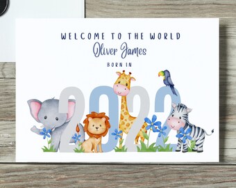 Carte personnalisée 2024 nouveau bébé garçon, carte nouveaux parents, carte nouveau bébé, carte de naissance, animaux de safari, bébés jungle, safari, éléphant, lion