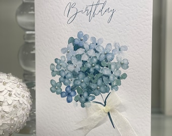 Birthday Card, Luxury Card, Birthday Watercolour Hydrangea Card, Happy Birthday Card, Floral Card, Keepsake Card, Female Card, Bow & Gems