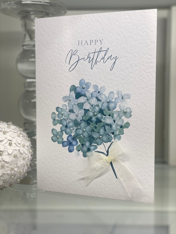 Birthday Card, Luxury Card, Birthday Watercolour Hydrangea Card, Happy Birthday Card, Floral Card, Keepsake Card, Female Card, Bow & Gems