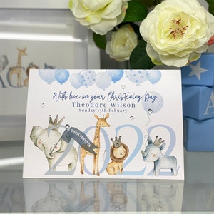 2024 Personalised Christening card, Baby Boy Card, Keepsake Card, Decorated with gems, Safari, Elephant, Lion, Giraffe, Zoo