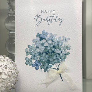 May include: A white card with the text "Happy Birthday" in blue script. A watercolor painting of a bouquet of blue flowers with a white ribbon is in the bottom right corner.