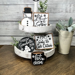 Winter Tiered Tray Decor | Winter Tray Decor | Tiered Tray Set | Tiered Tray Winter | Tiered Tray Sign | Snowman | Hot Cocoa