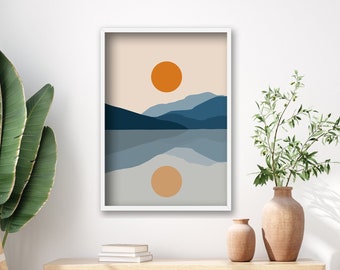 Sun and Mountain Wall Art, Mountainscape Landscape Art, Printable Modern Art Poster Print, Instant Downloadable, Minimalist Sea Poster