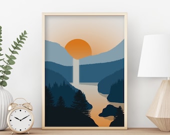 Mountainscape Art, Sun Minimalist, Instant Downloadable, Home Wall Print Decor, Nature Landscape, Digital Printable