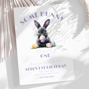 Bunny birthday invitation template, some bunny is turning one invite, purple bunny birthday invite, kids 1st birthday party invite, editable