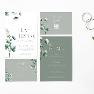 Sage Green Wedding Invitation, Floral wedding invitation set, QR Code RSVP, Details Card, Customizable Templates, #LILA