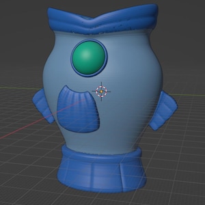 May include: A light blue, stylized owl-shaped object with a large green eye and blue accents. The owl has two small blue wings and a blue base. The object appears to be a 3D rendering.