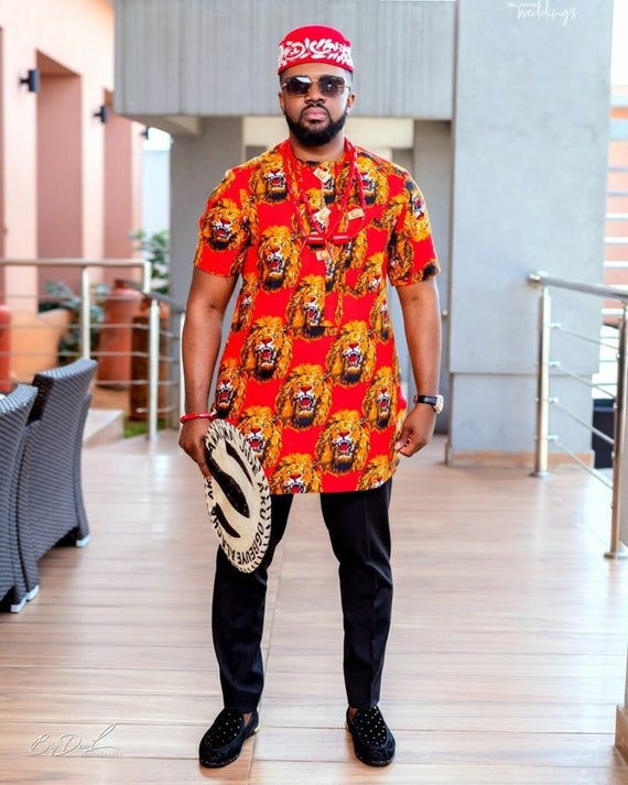 African men outfit Isi Agu men set Igbo wedding outfit Men African clothing men African Print Igbo Menswear Isi Agu outfit for men
