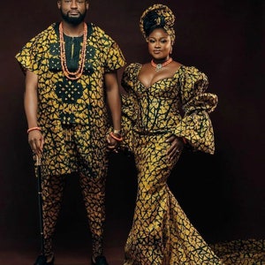 Couple African royalty outfit, African couple engagement outfit, Ankara clothes for couples wedding, Couple matching African clothing