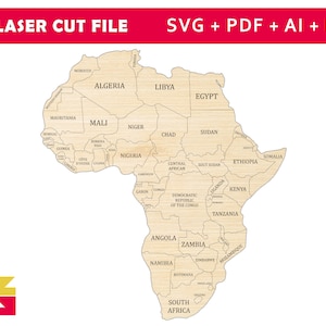 Mapa da África para corte a laser. África Puzzle Mapa mundial SVG. EPS, AI, Mapa de África. Modelo de mapa mundial de madeira compensada cortada a laser.
