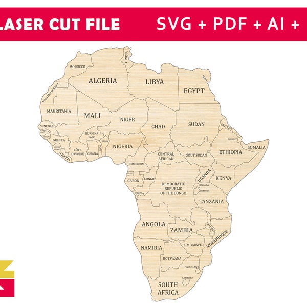 Africa Map for laser cutting. Africa Puzzle World map SVG. EPS, AI, Africa Map. Plywood laser cut world map template.