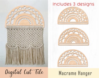 May include: Digital cut file for a macrame hanger. The design features a half-circle shape with a sunburst pattern and intricate details. Includes 3 designs.