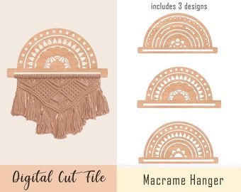 May include: Three digital cut files for a macrame hanger. The designs feature a half-circle with a mandala pattern. The text "includes 3 designs" and "Macrame Hanger" are also included in the image.