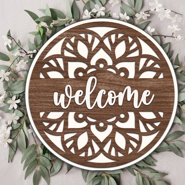 Signo de bienvenida SVG, Glowforge File, Door Hanger svg, Front Door Sign, welcome sign front door, laser file