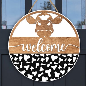 Ferme SVG, panneau de bienvenue vache, signes de fichiers svg glowforge, fichiers laser, svg d&#39;accroche-porte, signe svg de porche, modèle d&#39;accroche-porte