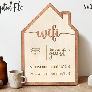 May include: A wooden sign shaped like a house with the word "wifi" in cursive script. The sign also includes the text "be our guest", "NETWORK: smiths123", and "PASSWORD: smiths123".