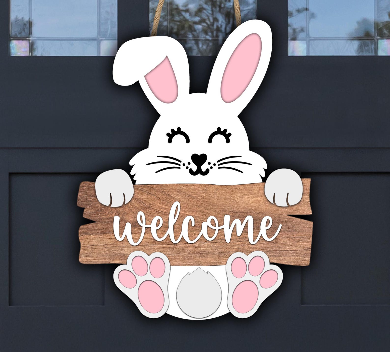 Layered Easter Bunny Welcome Sign SVG, Spring Door Hanger Laser Cut ...