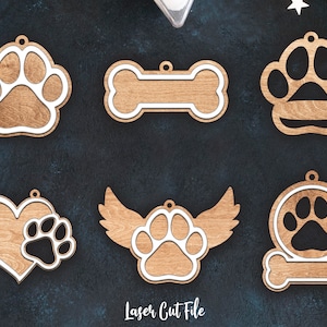 Ornements de patte de chien SVG, fichier de décoration de Noël, fichier SVG Glowforge, fichier découpé au laser, ornements de Noël SVG, fichier de coupe Svg d'impression de patte