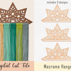 May include: Digital cut file for a macrame hanger. The design features a starburst shape with intricate details. The file includes three different designs.