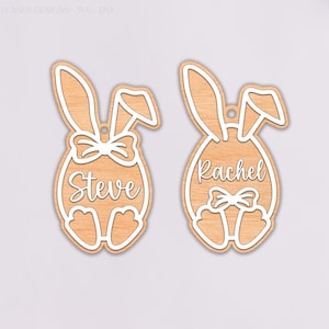 Paquete SVG de adorno de conejito de Pascua personalizado / Etiqueta de nombre cortada con láser