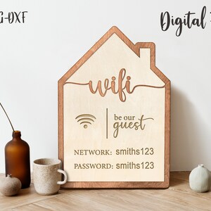 May include: A wooden sign shaped like a house with the word "wifi" and the text "be our guest" in a cursive font. The sign also includes the network name "smiths123" and the password "smiths123".
