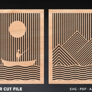 湖の生命 l 壁アート SVG l 線画アート svg l Glowforge ファイル l モダンアートデザイン l 幾何学的木製線画アート SVG l レーザーカットファイル l 壁アート DXF