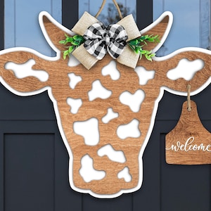 Cow Head Door Hanger SVG, Mucca con marchio auricolare, Door Hanger SVG, Glowforge SVG files, Laser cut files, Welcome Sign svg, dxf files for laser