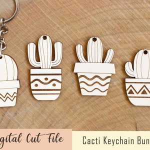 Paquete de llaveros de cactus SVG - 16 Diseño, Glowforge Keychain svg, archivos Glowforge svg, archivo láser, archivos de corte láser, archivo Glowforge Svg