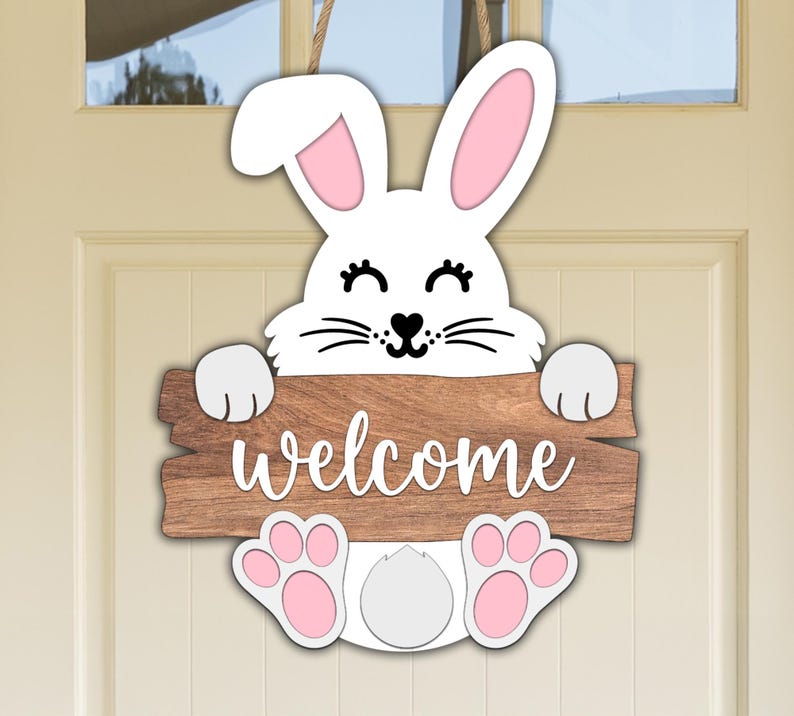 Layered Easter Bunny Welcome Sign SVG, Spring Door Hanger Laser Cut ...