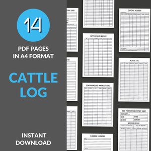 May include: A collection of 14 A4 format PDF pages for a cattle log, featuring various record-keeping templates including expense records, cattle sales records, medical logs, deworming and immunization charts, and cow production history cards.